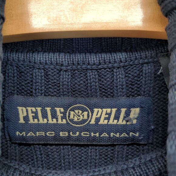 Marc Buchanan Pelle Pelle Turtleneck Sweater Mens Size XL Blue Distressed Logo - Picture 14 of 15